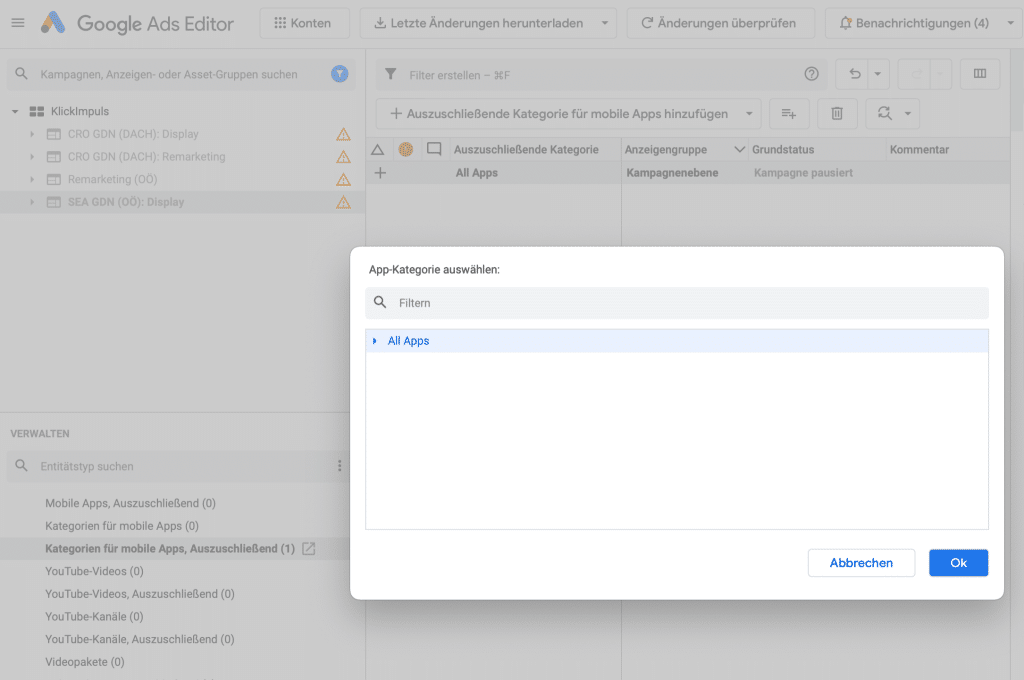 Google Ads Editor App Kategorie Placements ausschließen