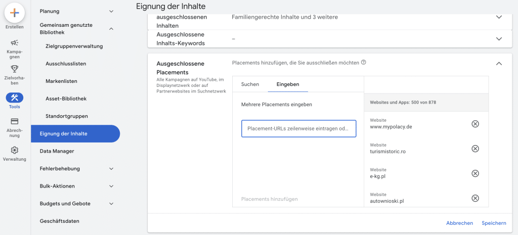 Google Ads Eignung der Inhalte > Ausgeschlossene Placements