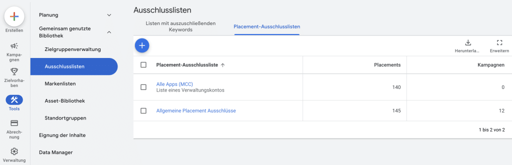 Google Ads Placement Ausschlusslisten hinterlegen