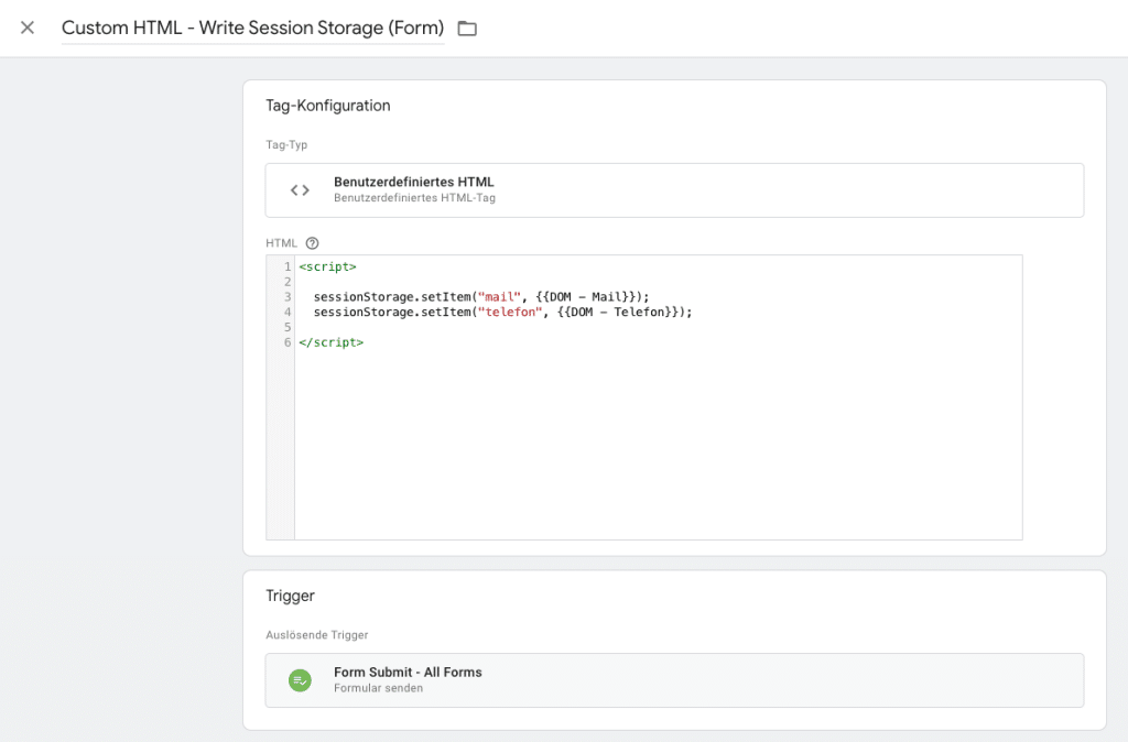 Custom HTML Tag Session Storage